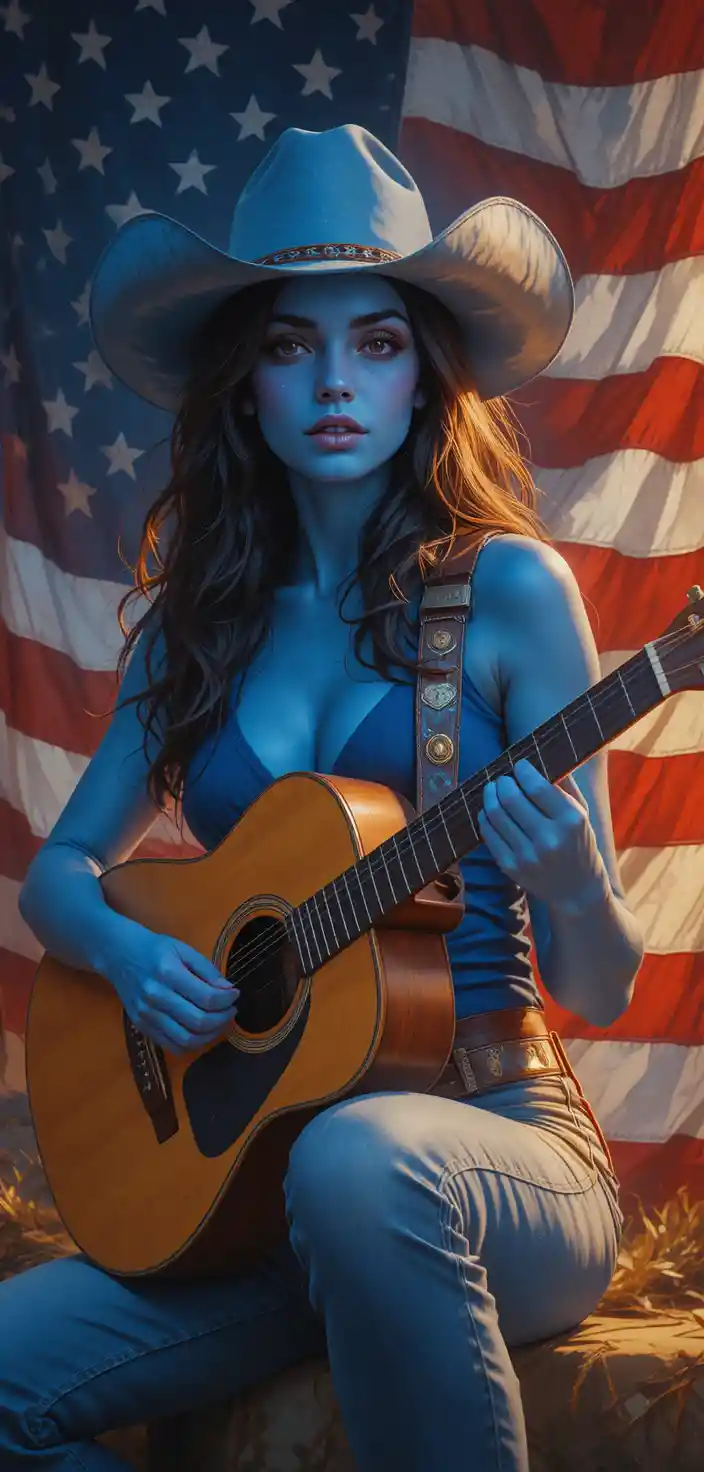 Blue skinned woman playing guitar before american flag