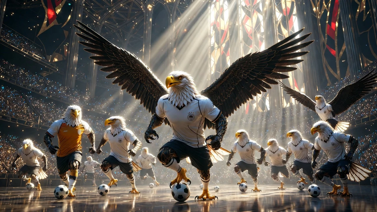 Fantasy eagles training in a crystal cathedral stadium