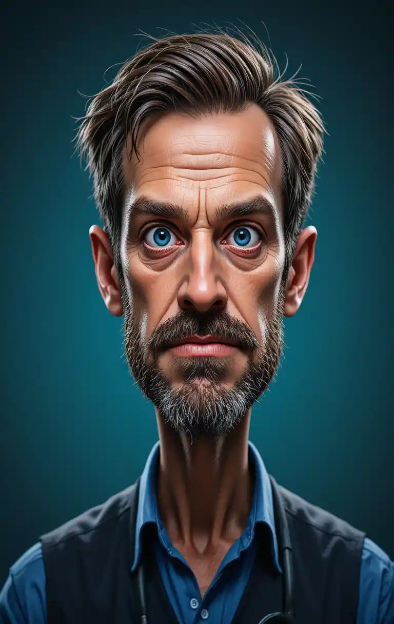 Intense close up caricature of a brooding blue eyed man