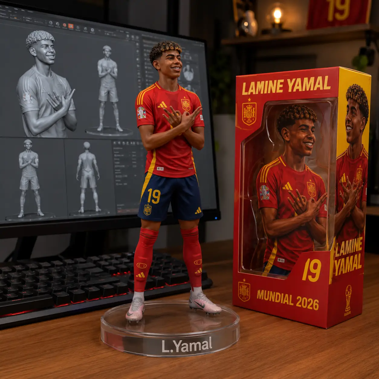 Realistische Lamine-Yamal-Fußballfigur auf einem Computertisch