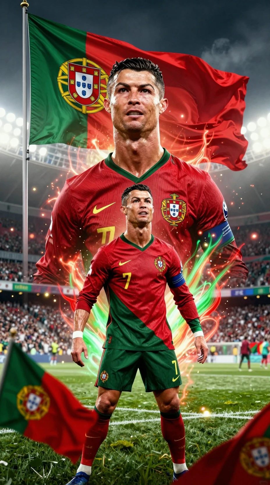 Portugal football fan celebrating with star player in stadium