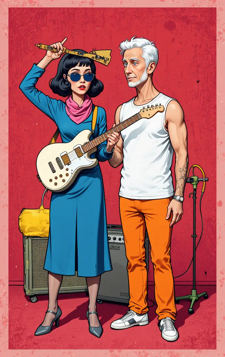 Cartoon woman raising electric guitar in surreal red room