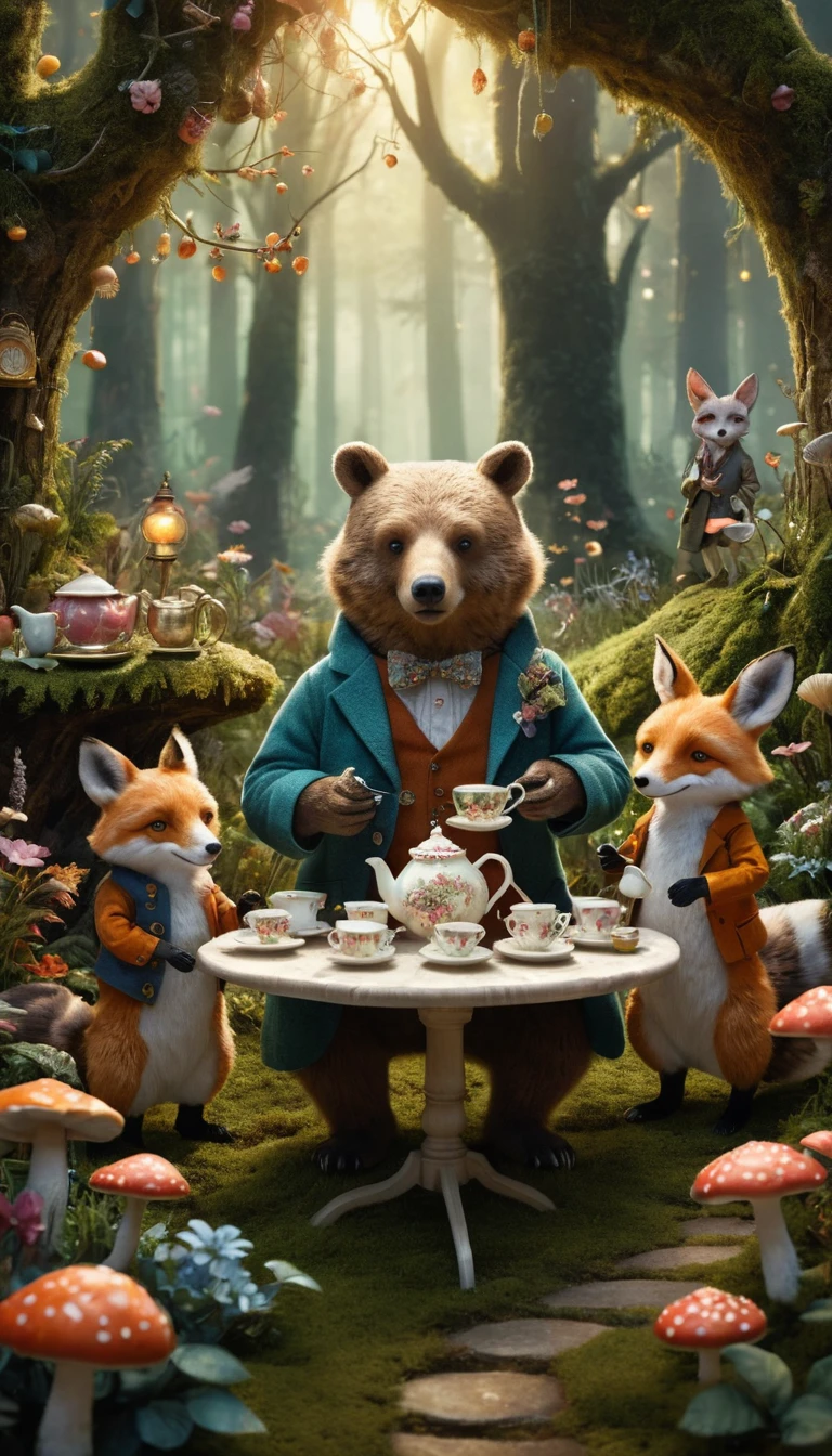 Whimsical tea party with stuffed animals in enchanted forest