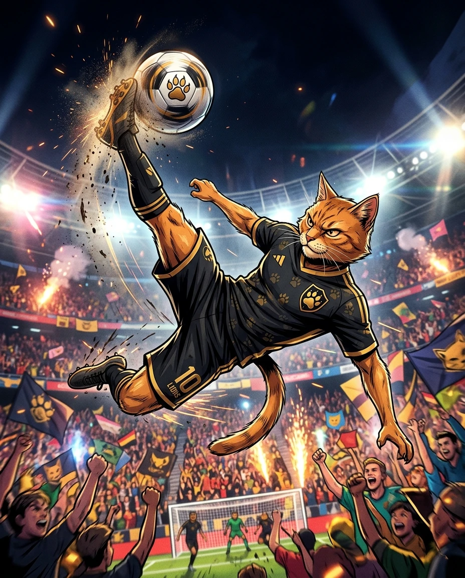 Athletic cat performing bicycle kick in crowded soccer stadium