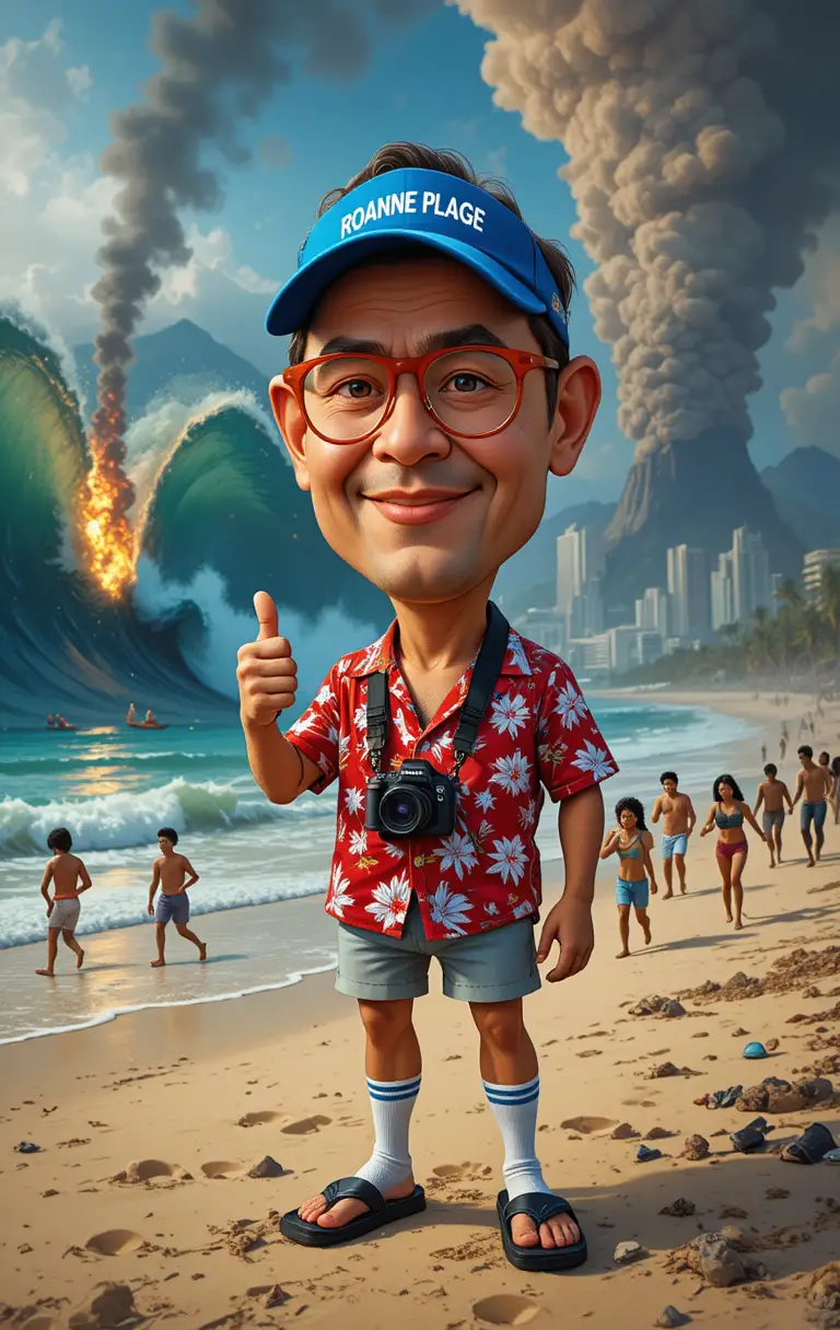 Cartoon tourist in floral shirt posing on chaotic beach