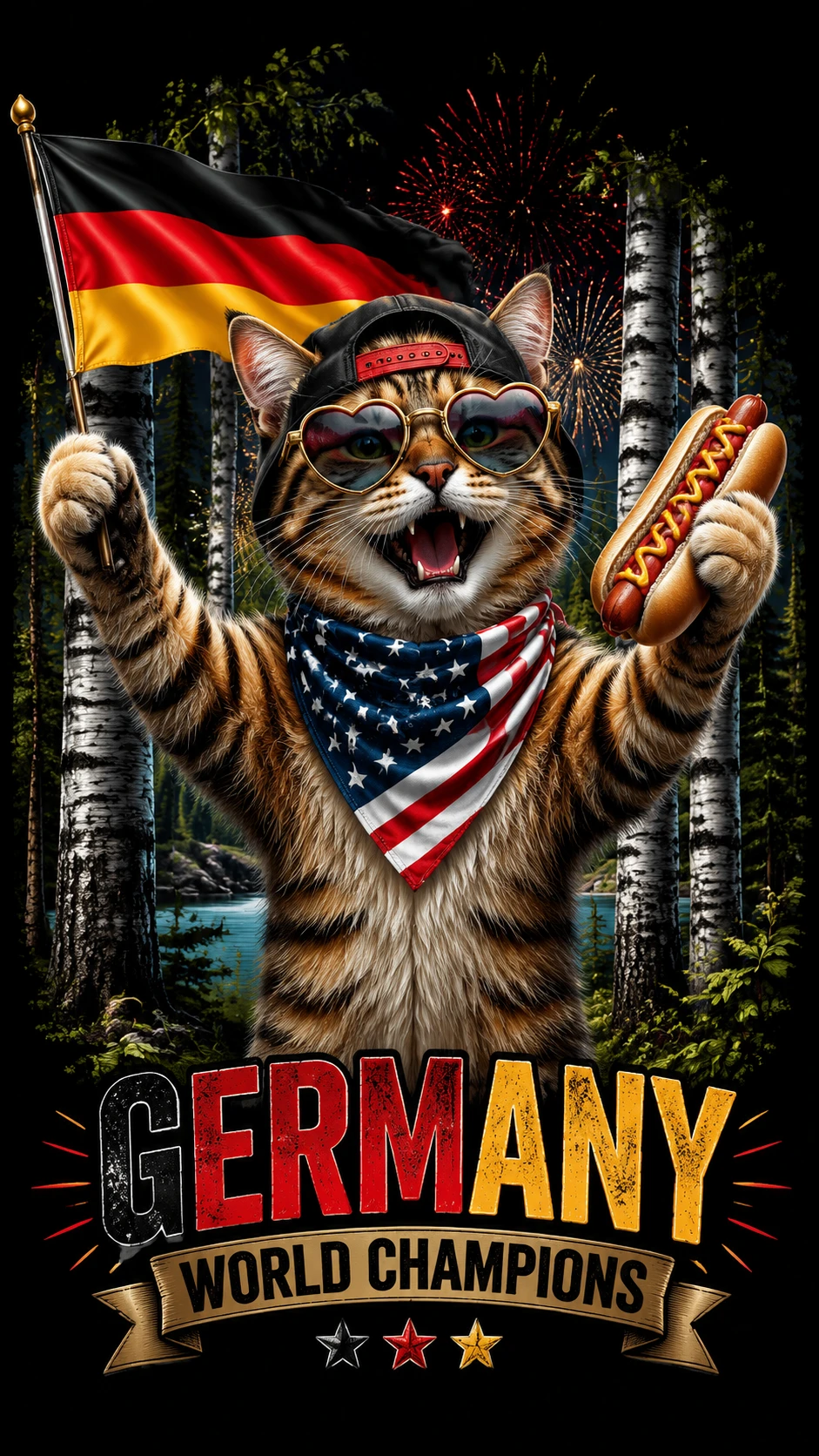 Playful cat celebrating with Germany flag in forest