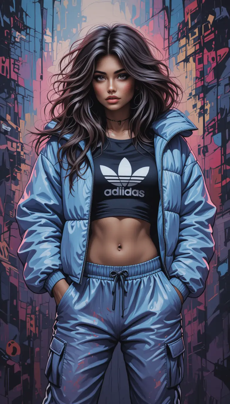 Streettänzerin in blauer Steppjacke vor Graffiti-Wand