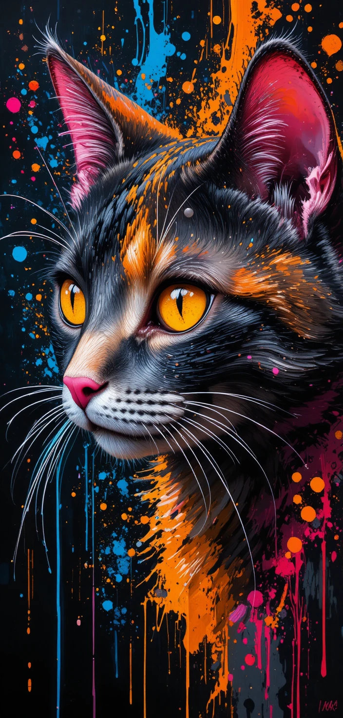 Abstract close up cat portrait with vivid yellow eyes