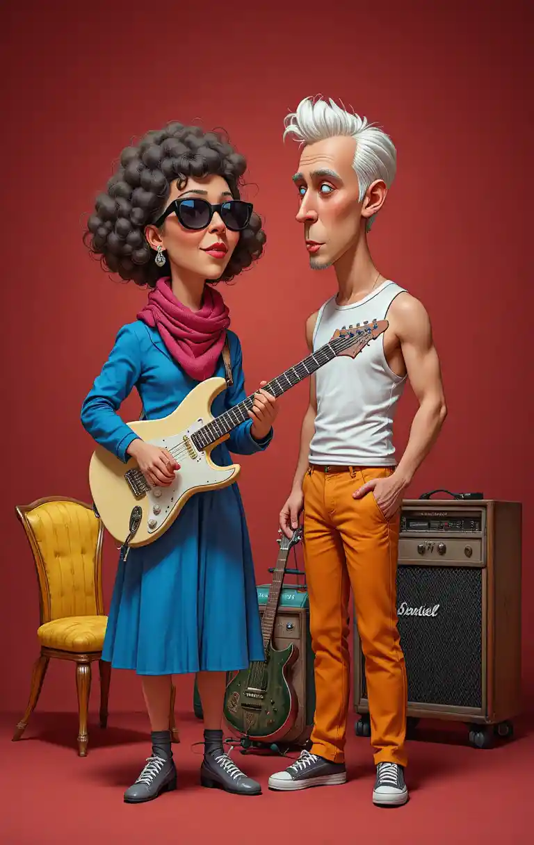 Woman raising electric guitar in surreal cartoon scene