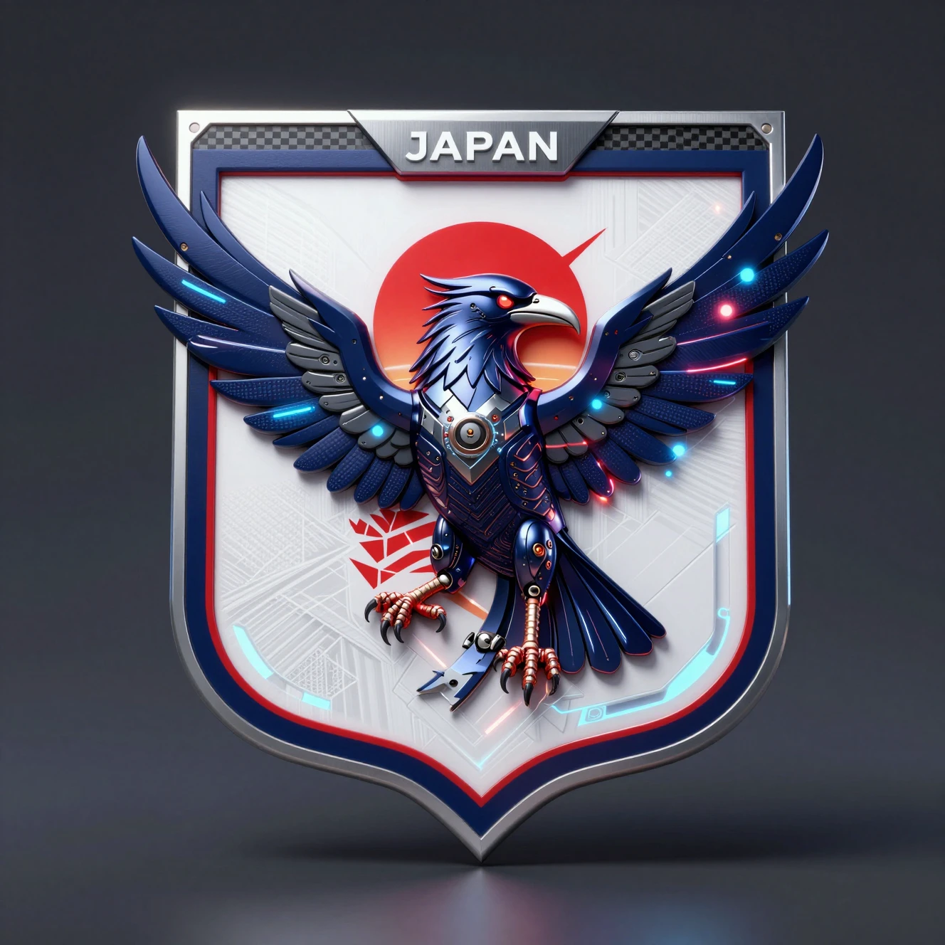 Futuristic cybernetic raven crest with glowing crimson sun
