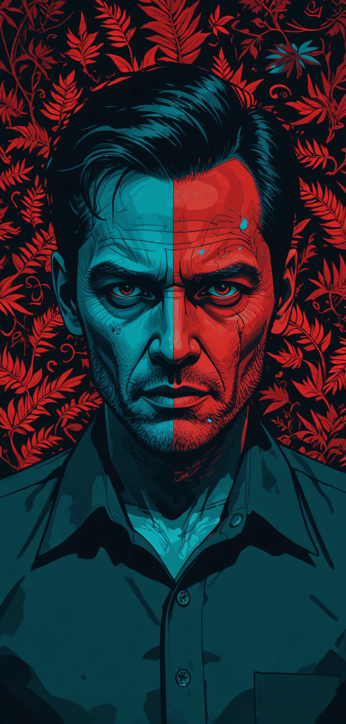 Graphic portrait of a scarred man in red and teal tones