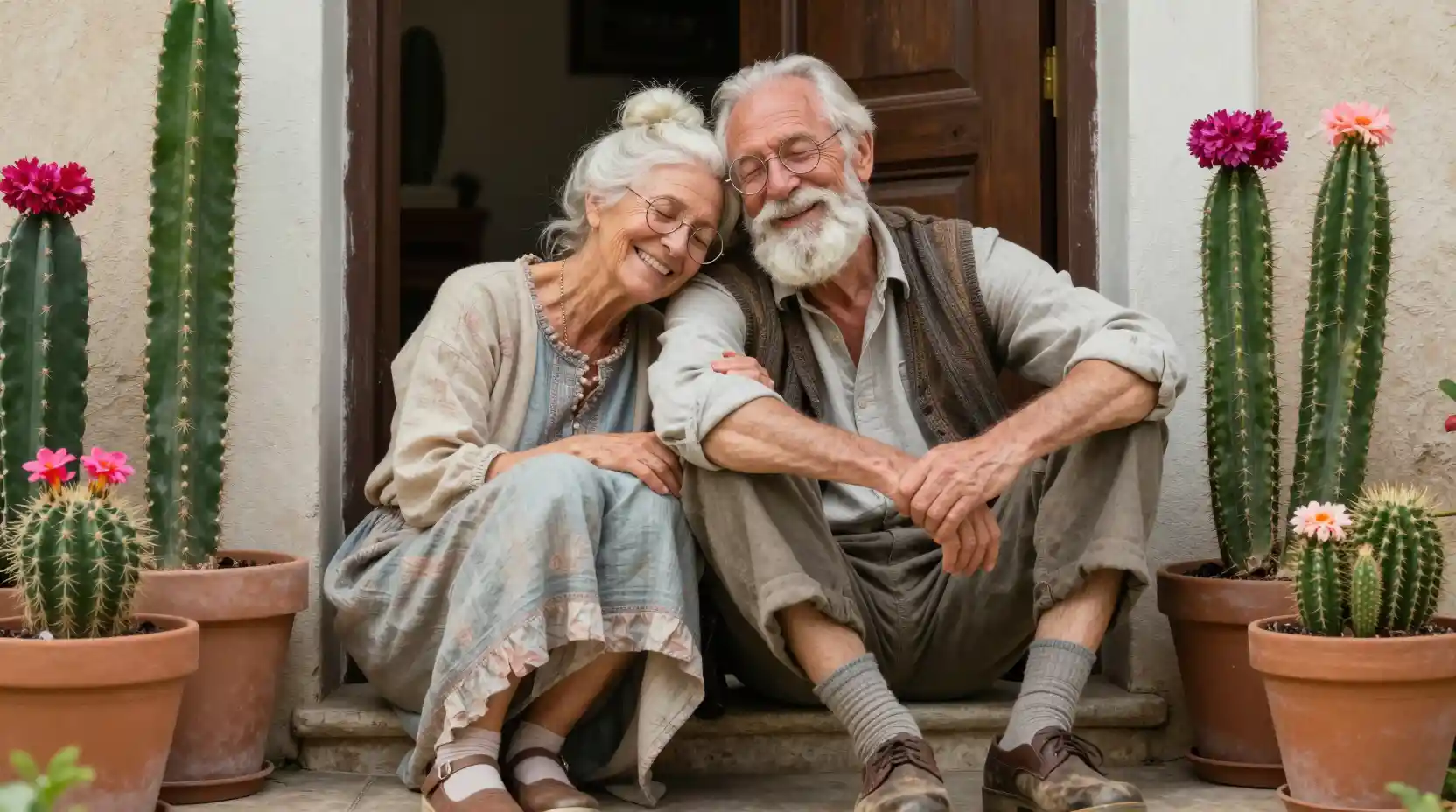 Elderly couple sharing a joyful moment on a doorstep