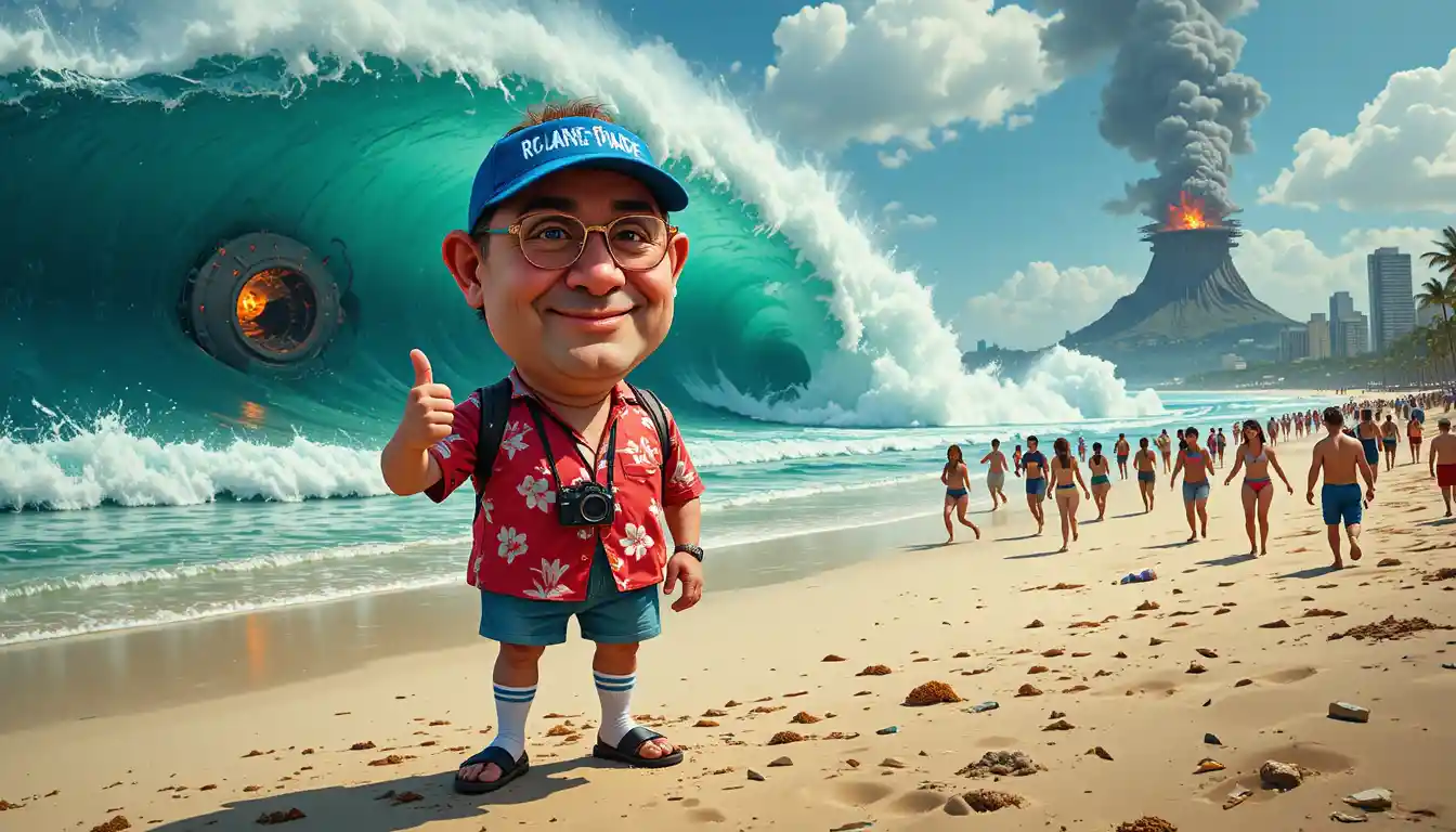 Cartoon tourist posing on beach before giant crashing wave