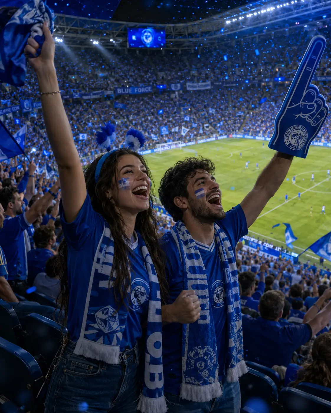 Begeisterte Fußballfans jubeln auf blauen Stadionrängen