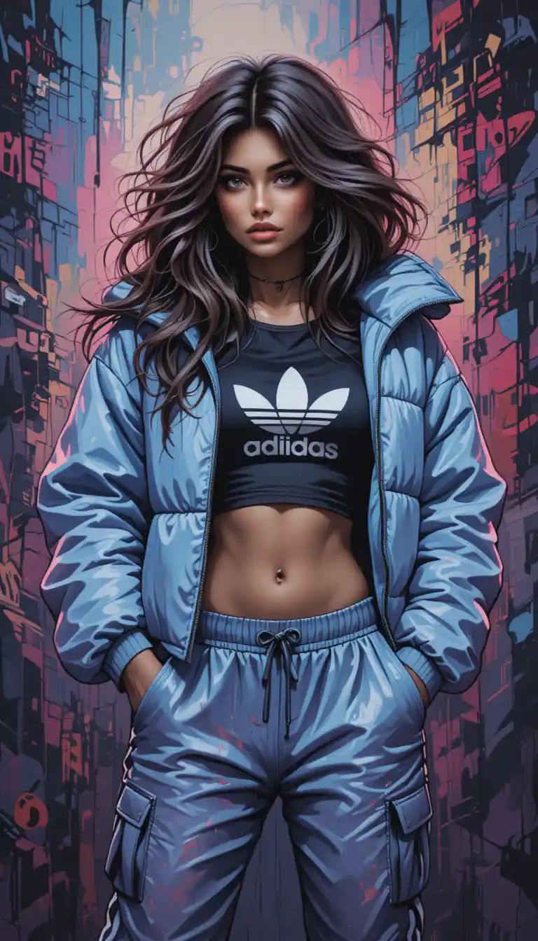 Street dancer in blue puffer jacket amid graffiti wall
