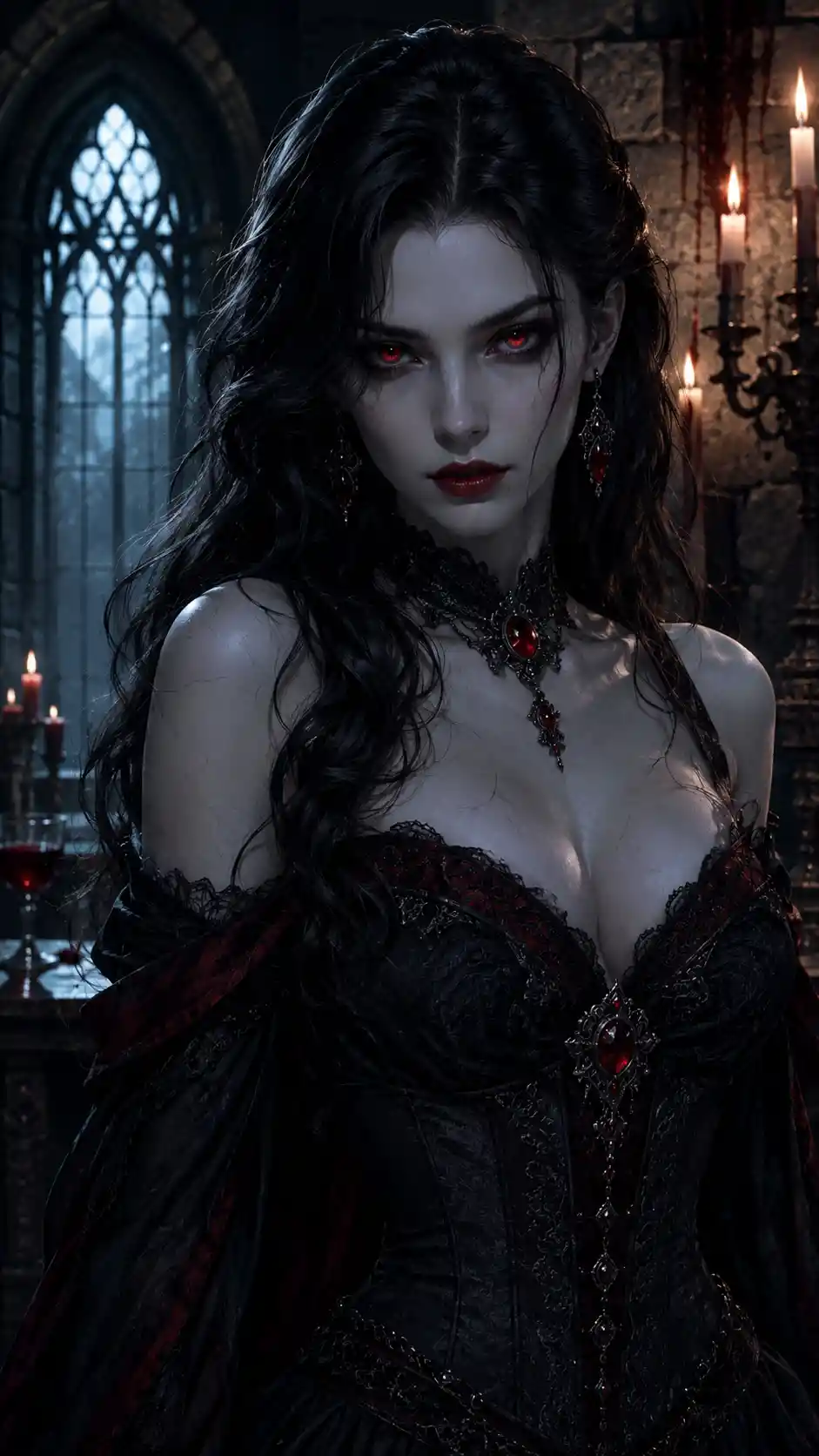 Vampire woman staring forward in ancient stone interior