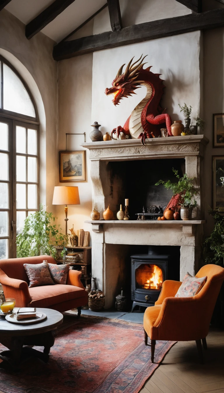 Cozy living room with dragon shaped fireplace and tapestries