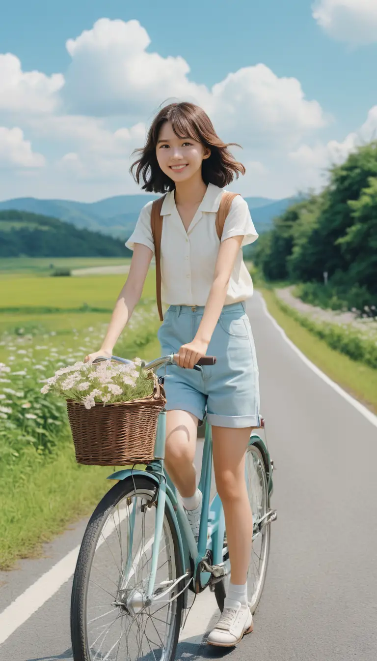 Japanese girl cycling on a straight Hokkaido country road