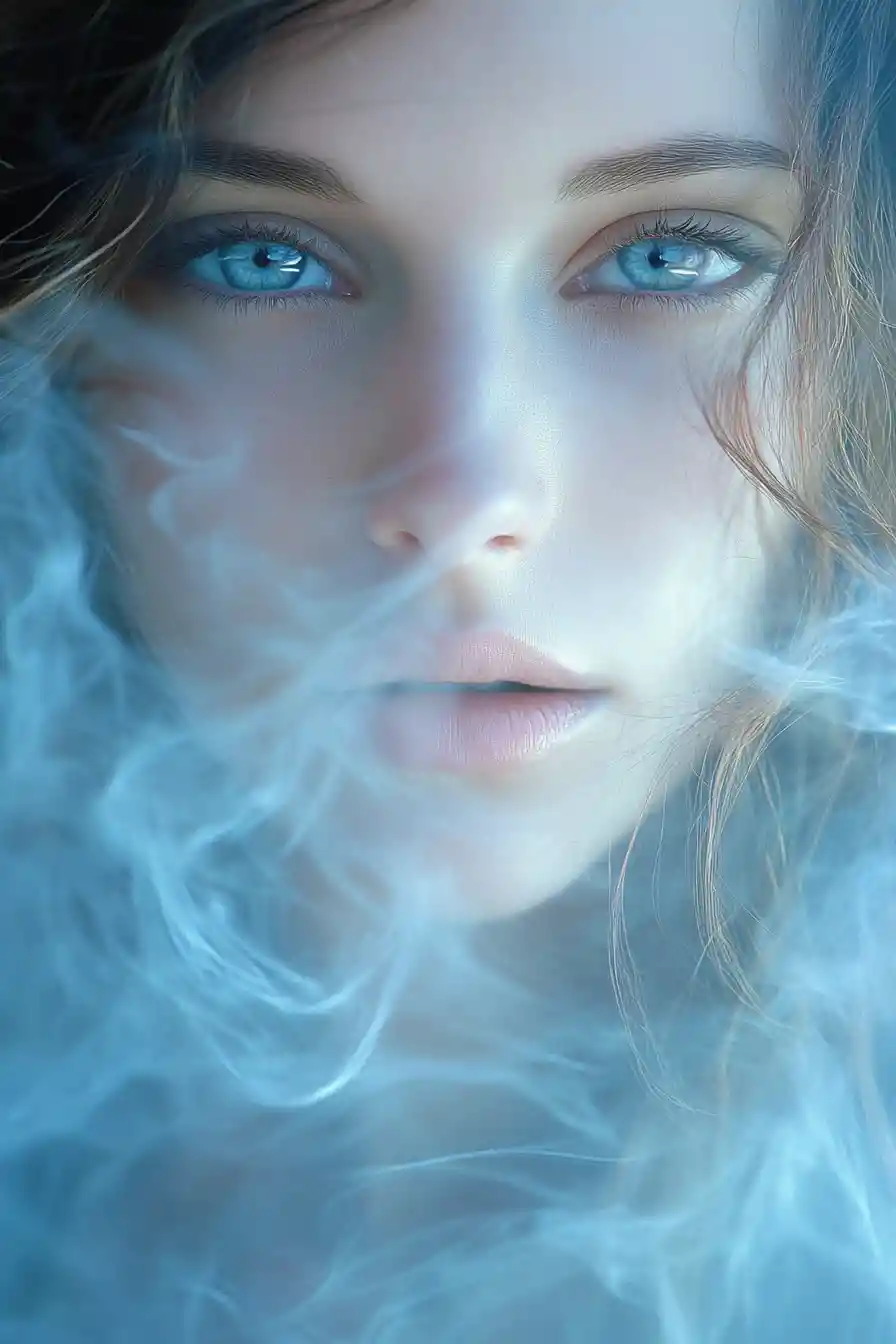 Ethereal woman glowing softly amid swirling golden fog