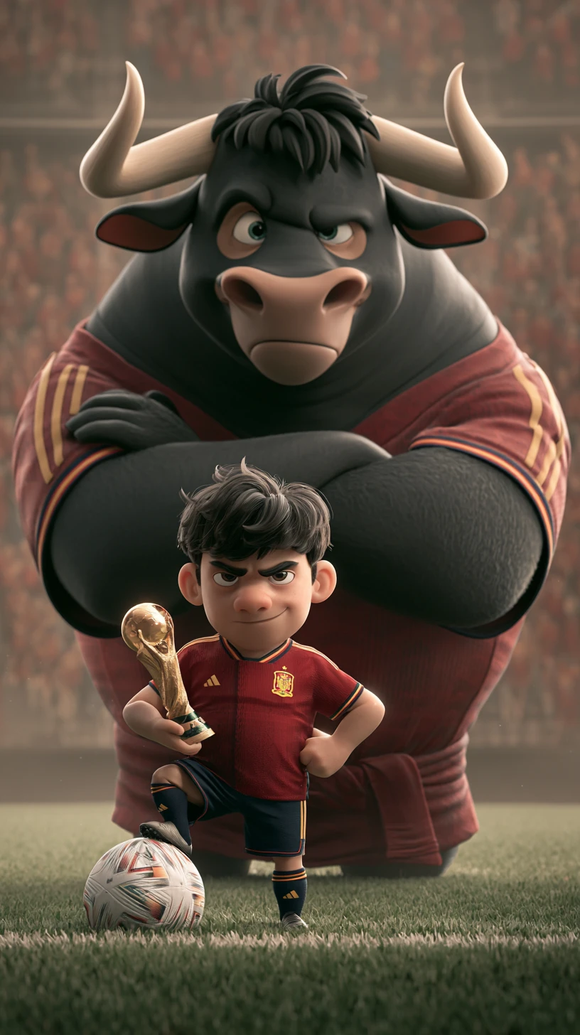 Soccer player with world cup trophy on the field