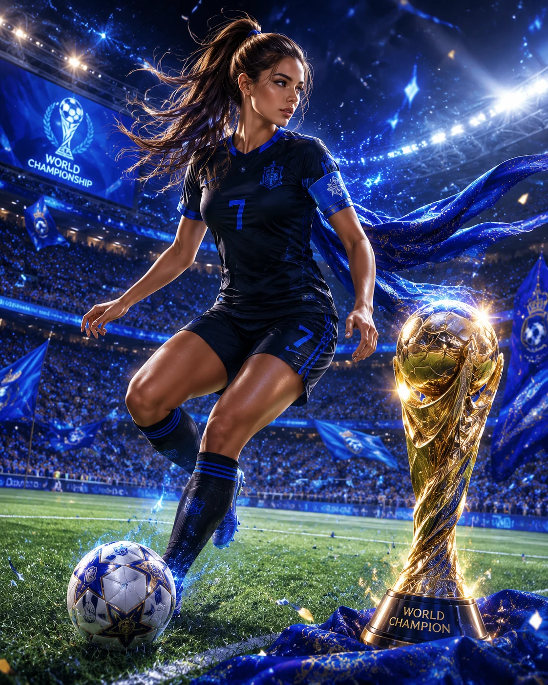 Female soccer player in blue on dynamic match day field