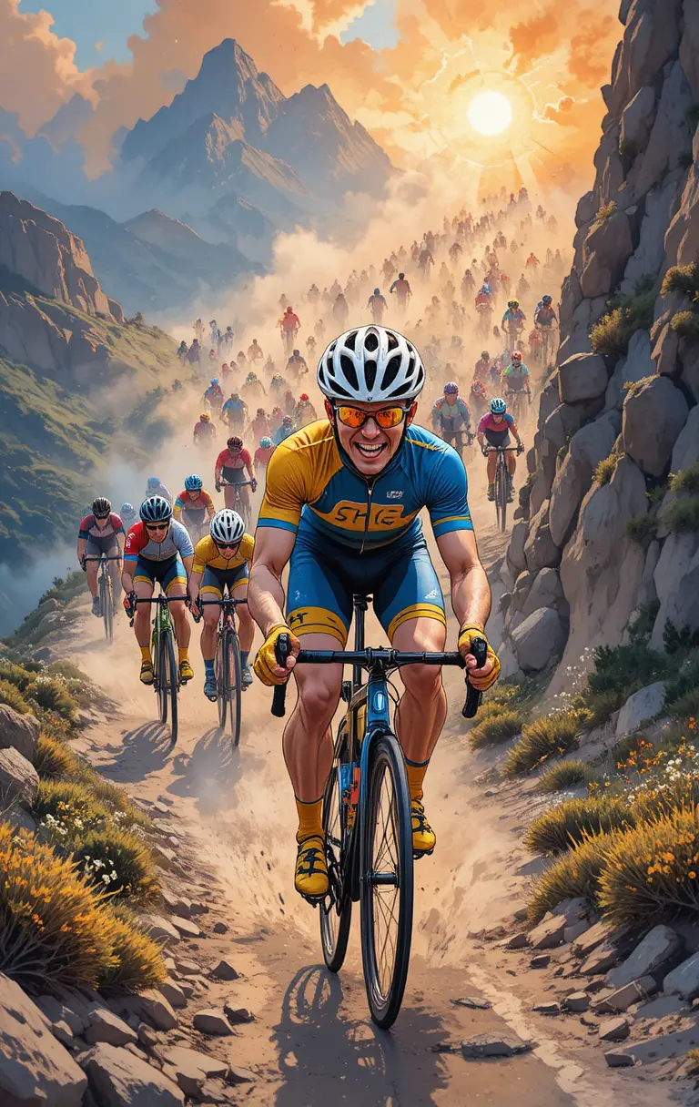 Ciclista a cartone animato che corre forte su un ripido sentiero di montagna