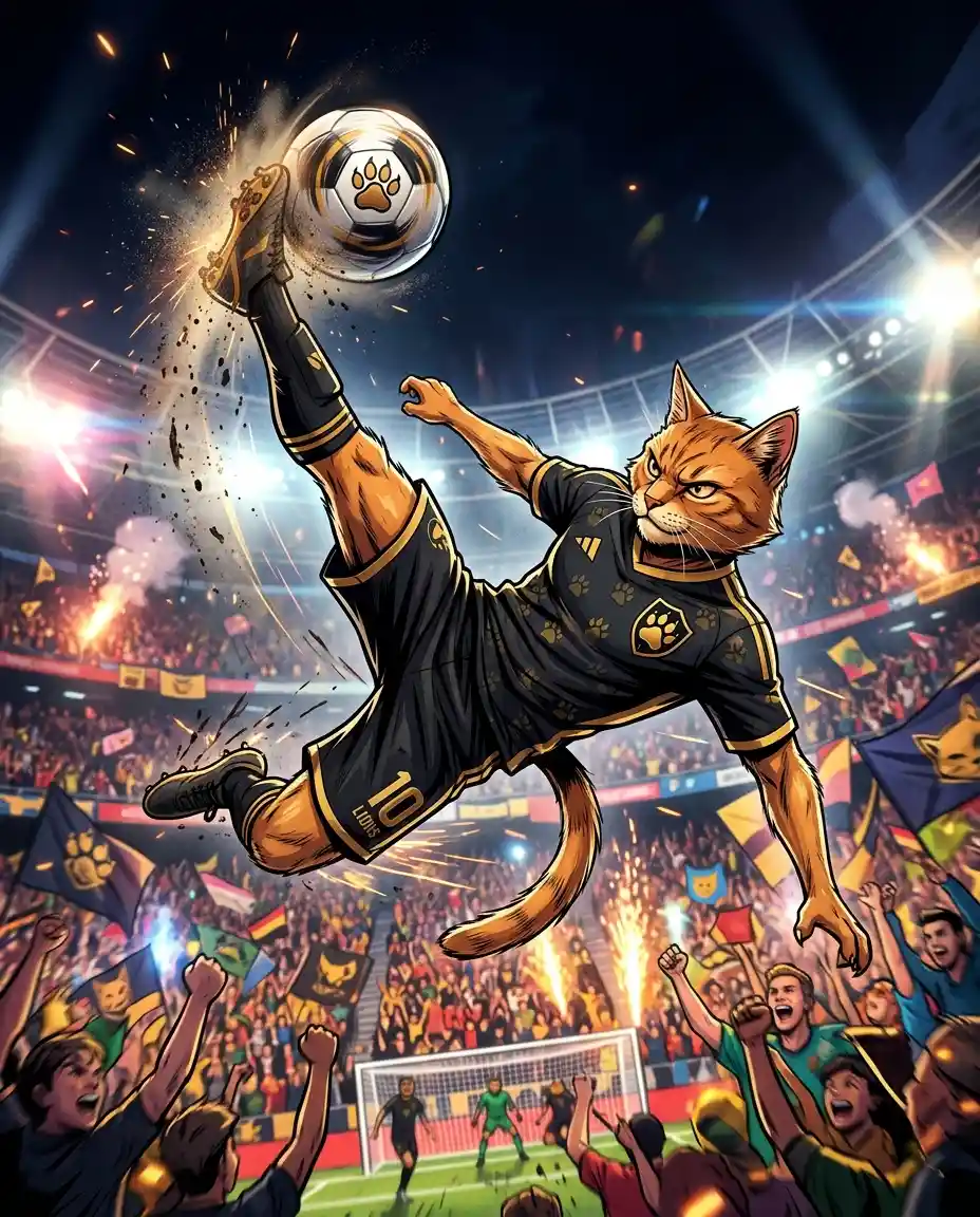 Athletic cat performing bicycle kick in crowded soccer stadium