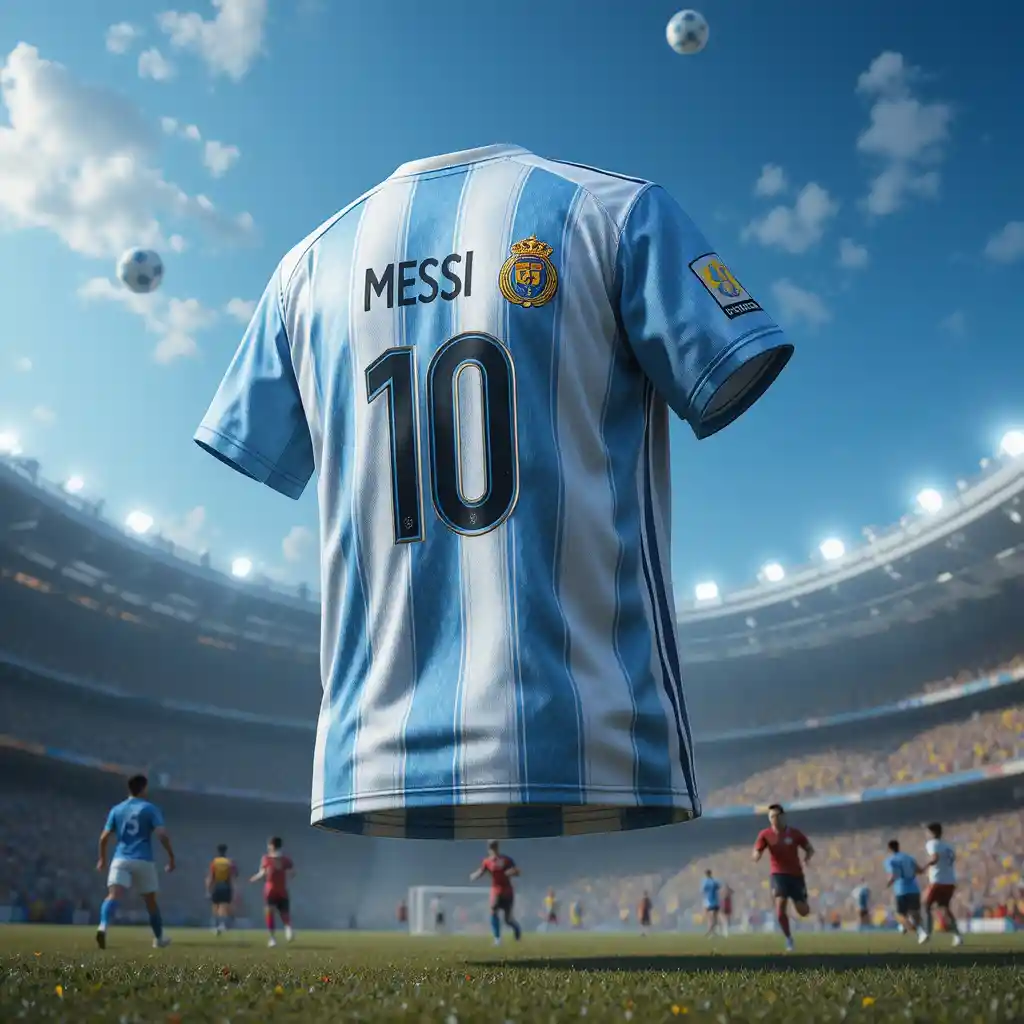 Floating Argentina soccer jersey beside world cup trophy