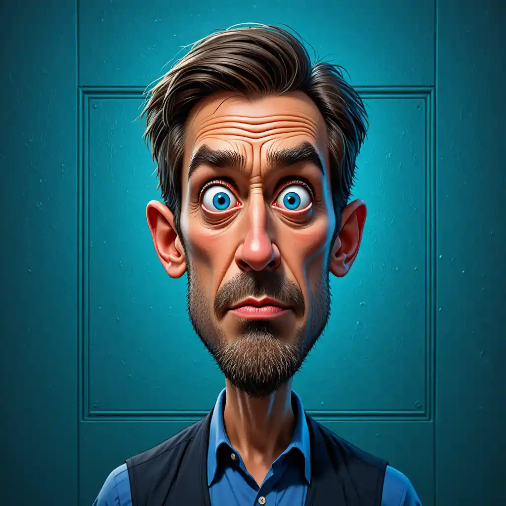 Intense caricature portrait of a cynical middle aged man