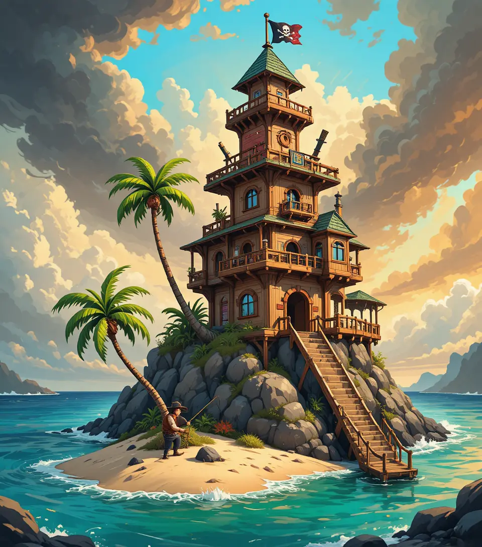 Whimsical Pirate Lighthouse Fortress On A Rocky Island