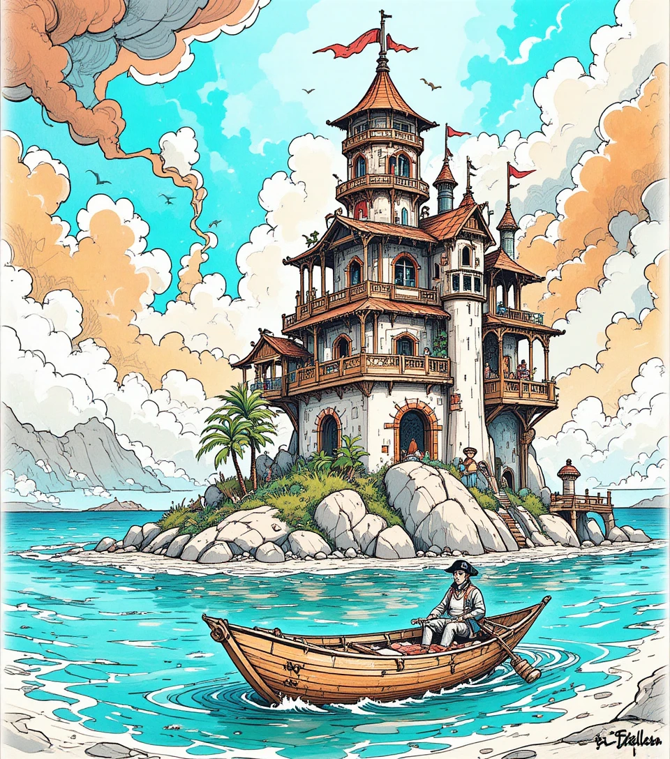 Whimsical pirate lighthouse fortress on a tiny fantasy island