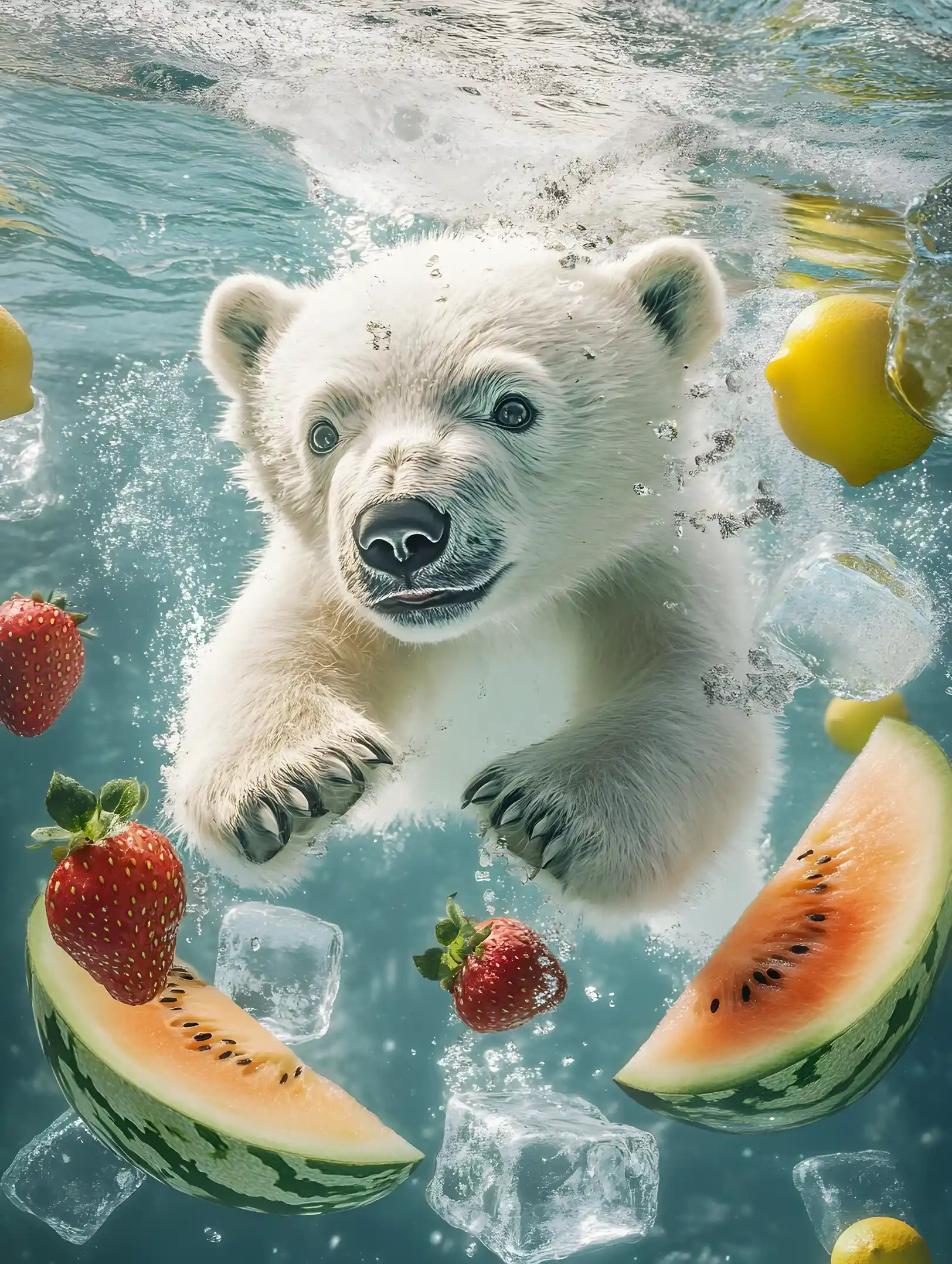 Little Polar Bear Swimming Underwater With Floating Fruit