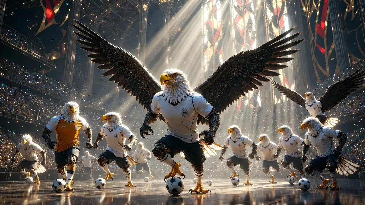 Fantasy eagles training in a crystal cathedral stadium