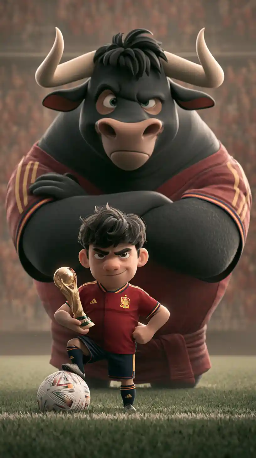 Soccer player with world cup trophy on the field