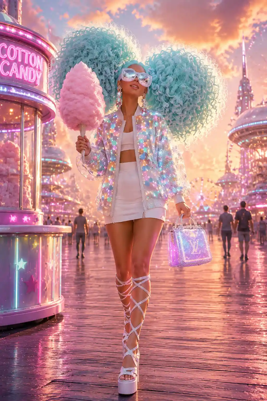 Joyful fashion woman on futuristic cotton candy boardwalk