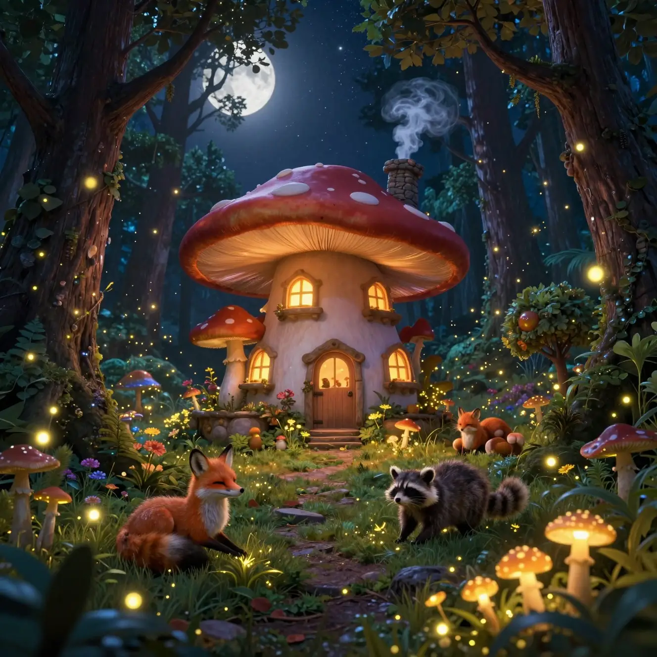 Cozy mushroom house glowing in a moonlit fantasy forest