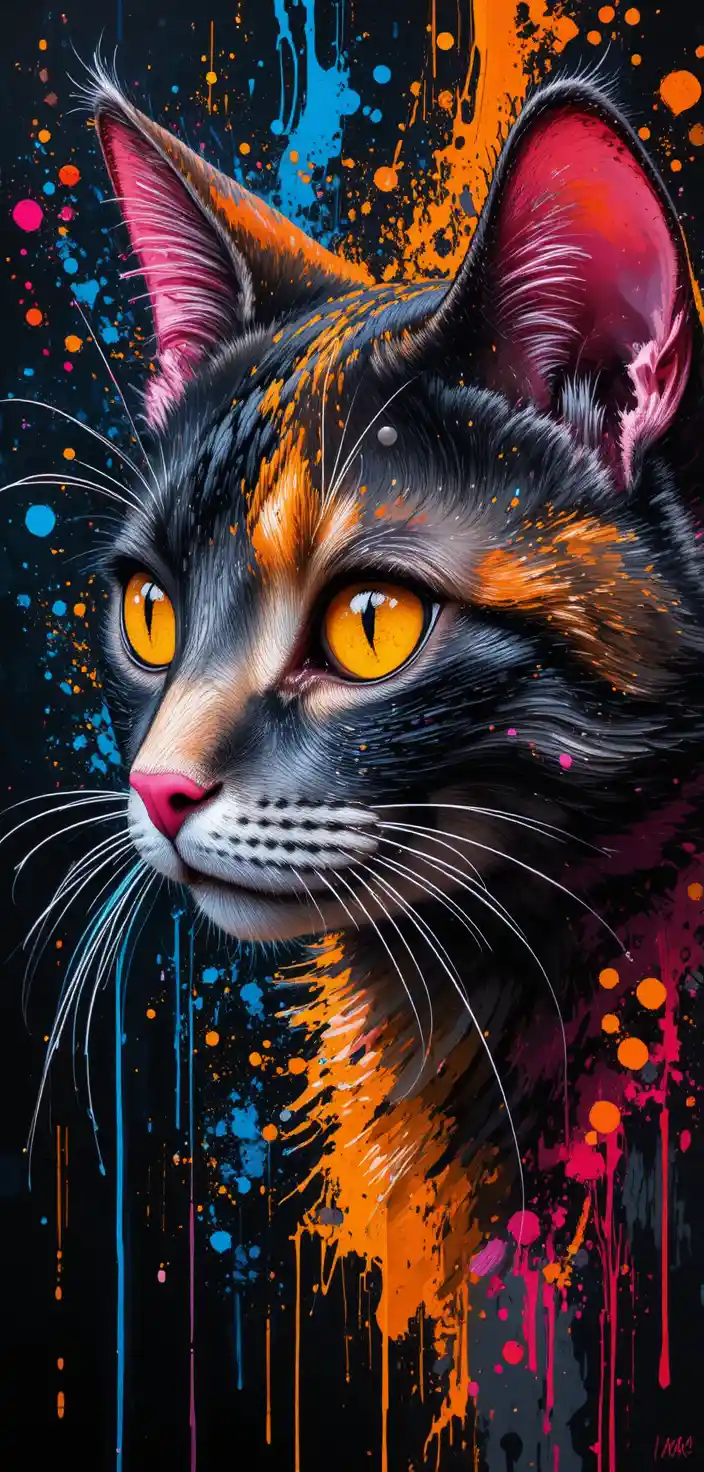 Abstract close up cat portrait with vivid yellow eyes