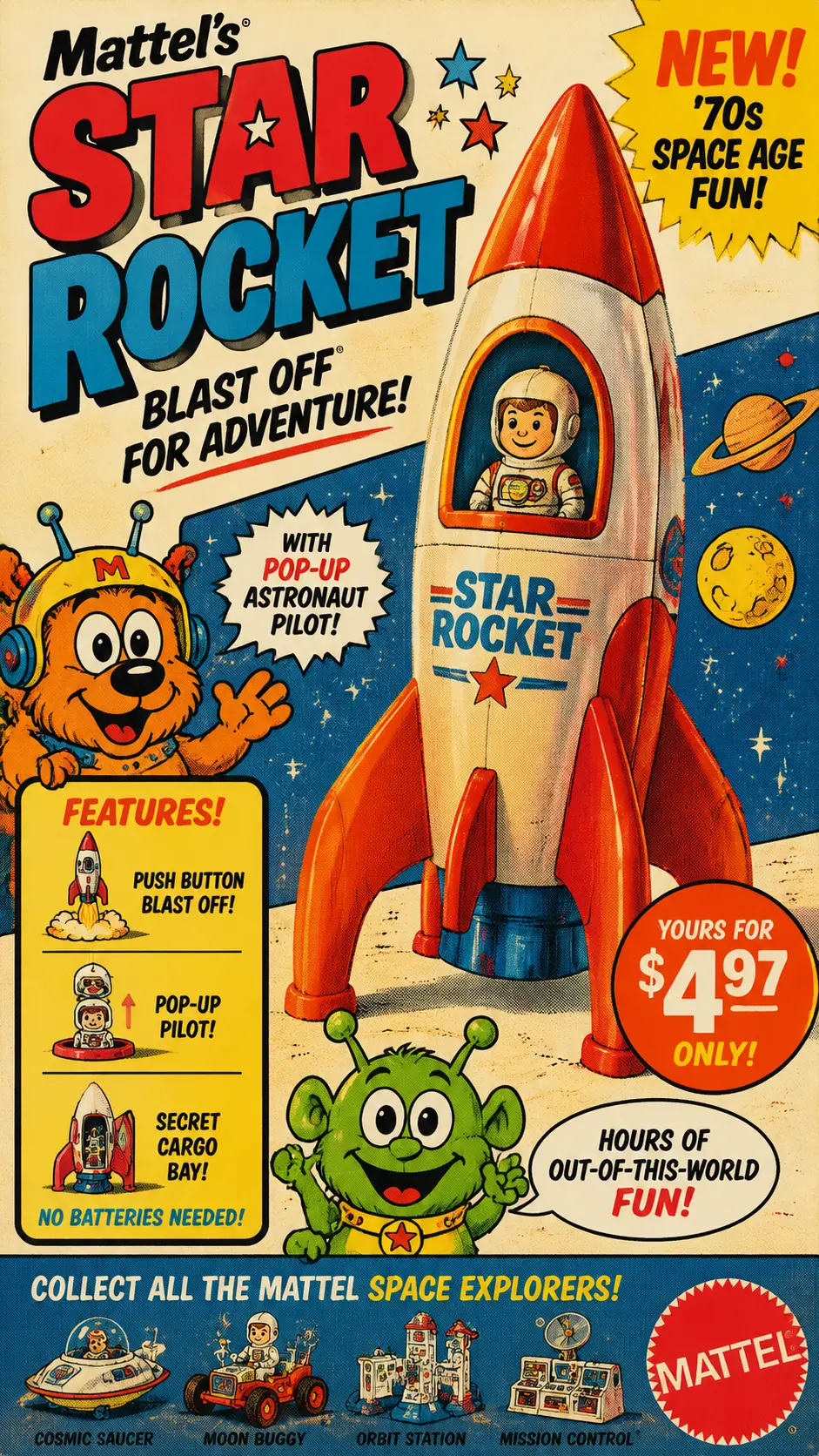 Colorful retro toy advertisement with playful mascots