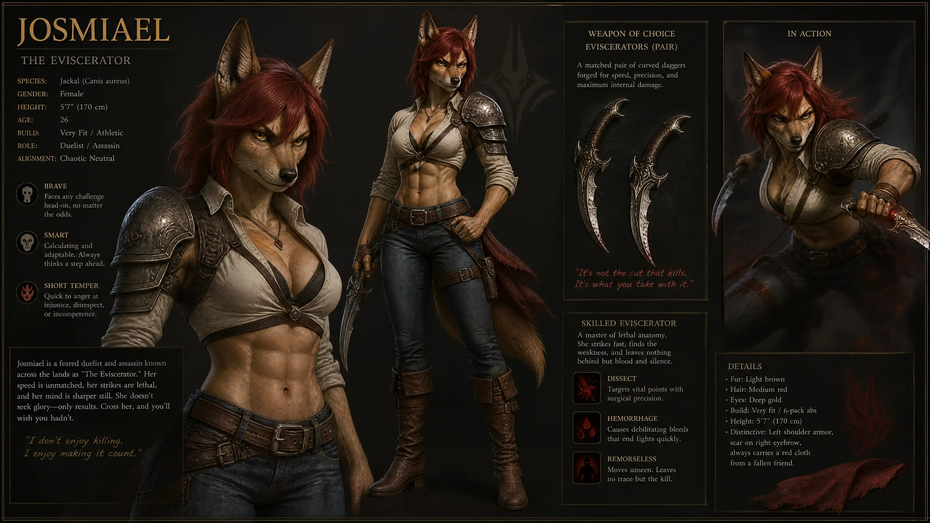 Athletic jackal warrior woman in armor shirt and jeans