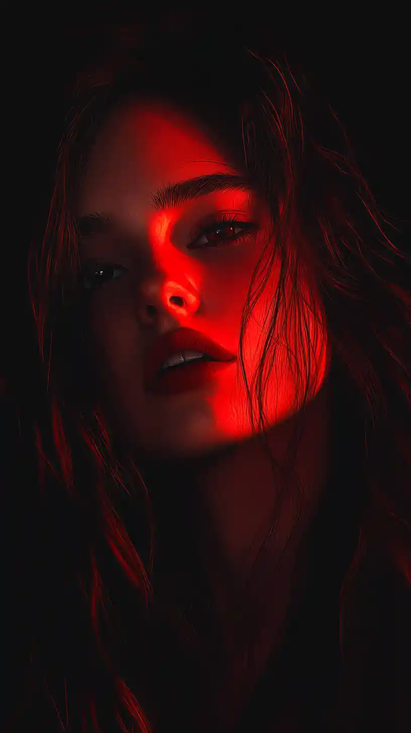 Dramatic red lit portrait of a young woman in shadow