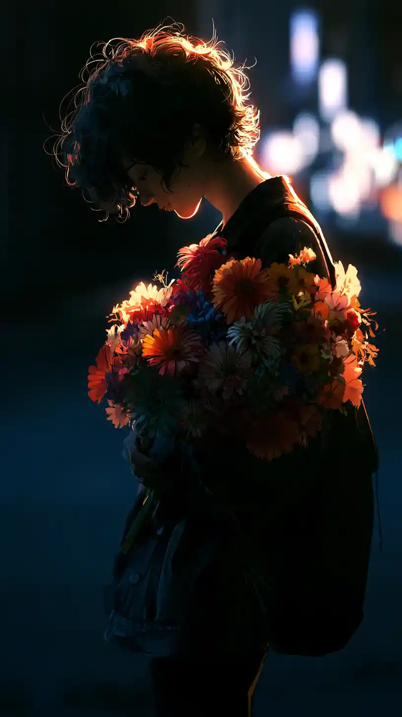 Melancholic youth holding bright flowers on a night street