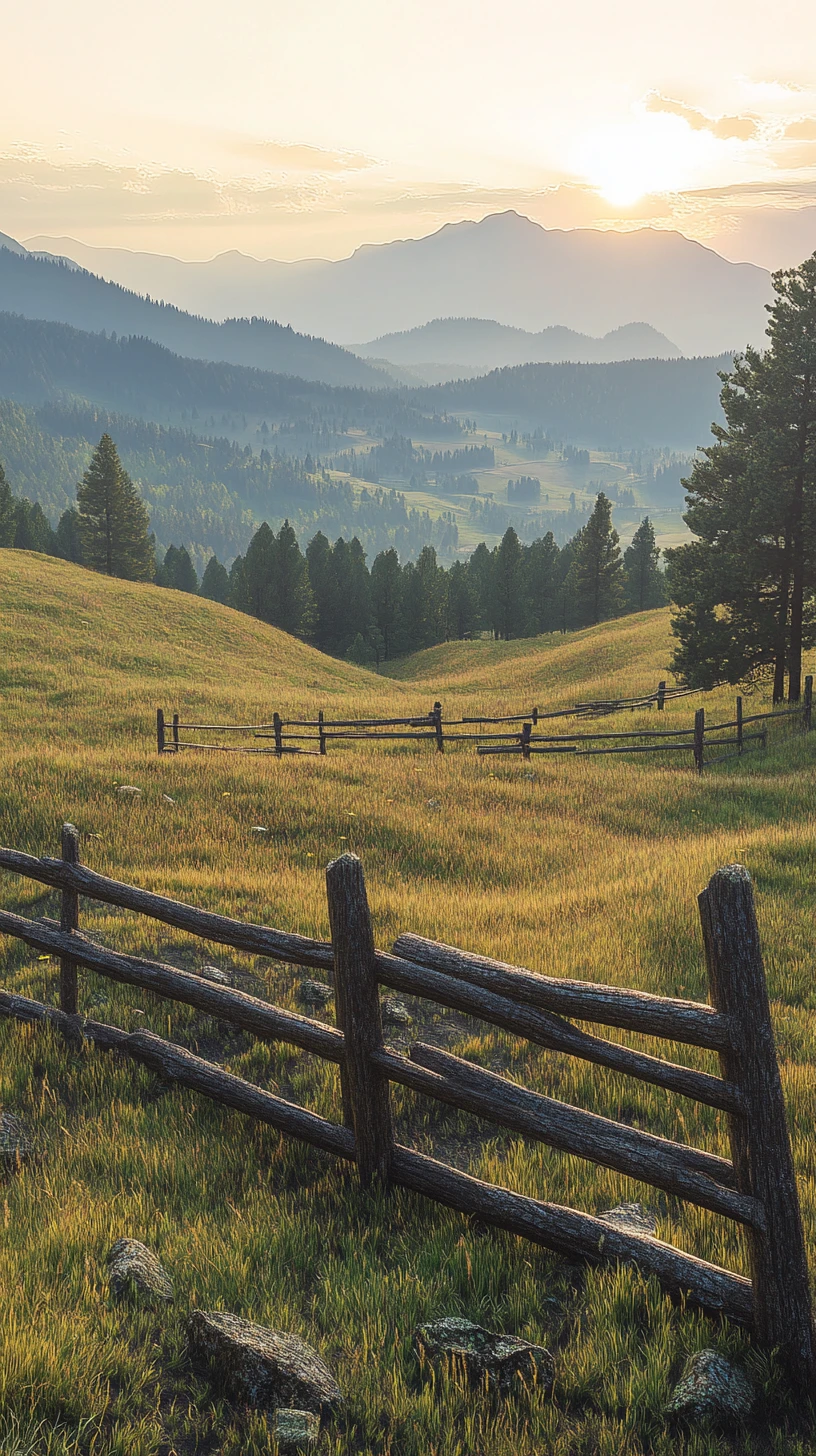 Golden sunrise over misty green hills and wooden fence