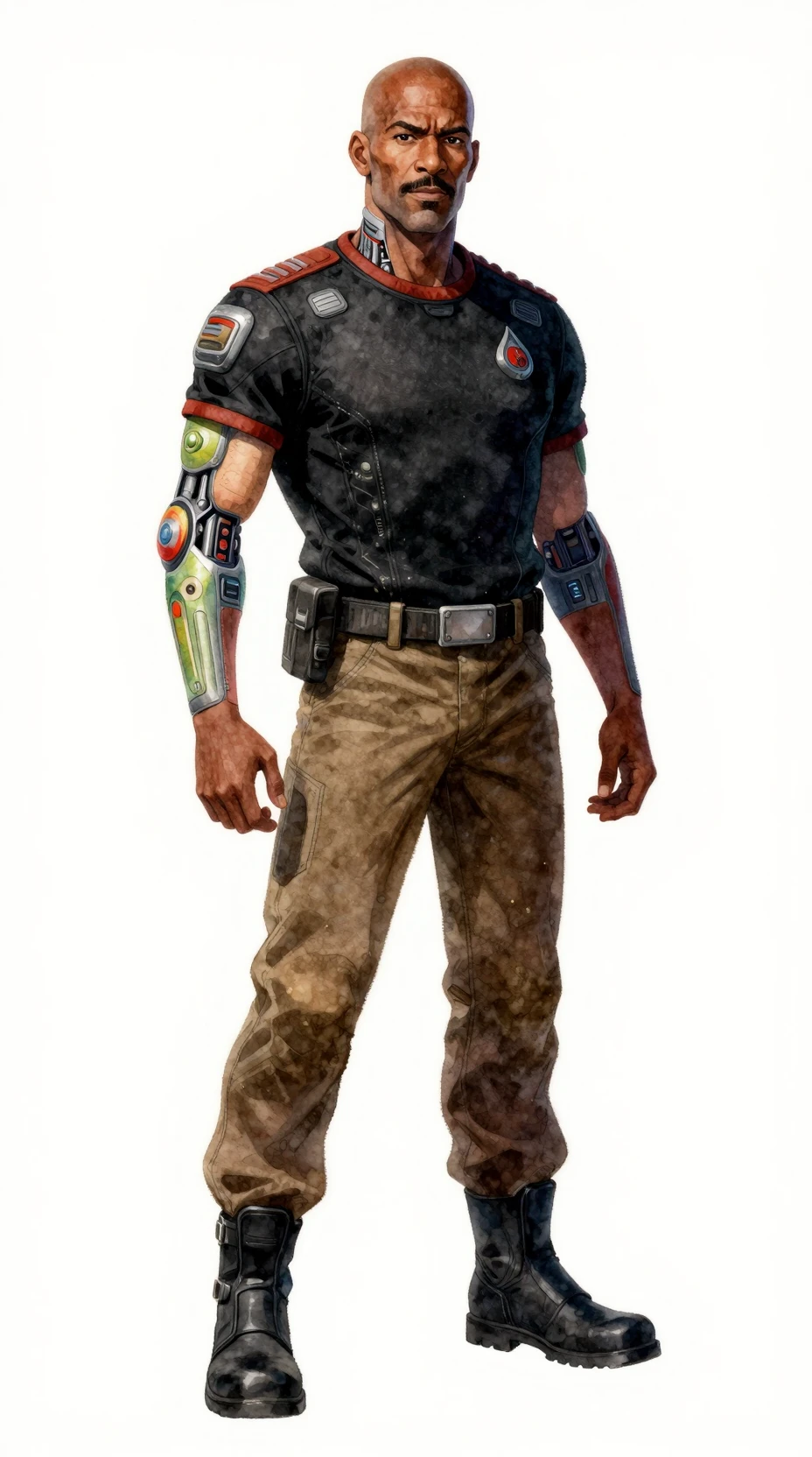 Confident starship officer with alien cybernetic implants