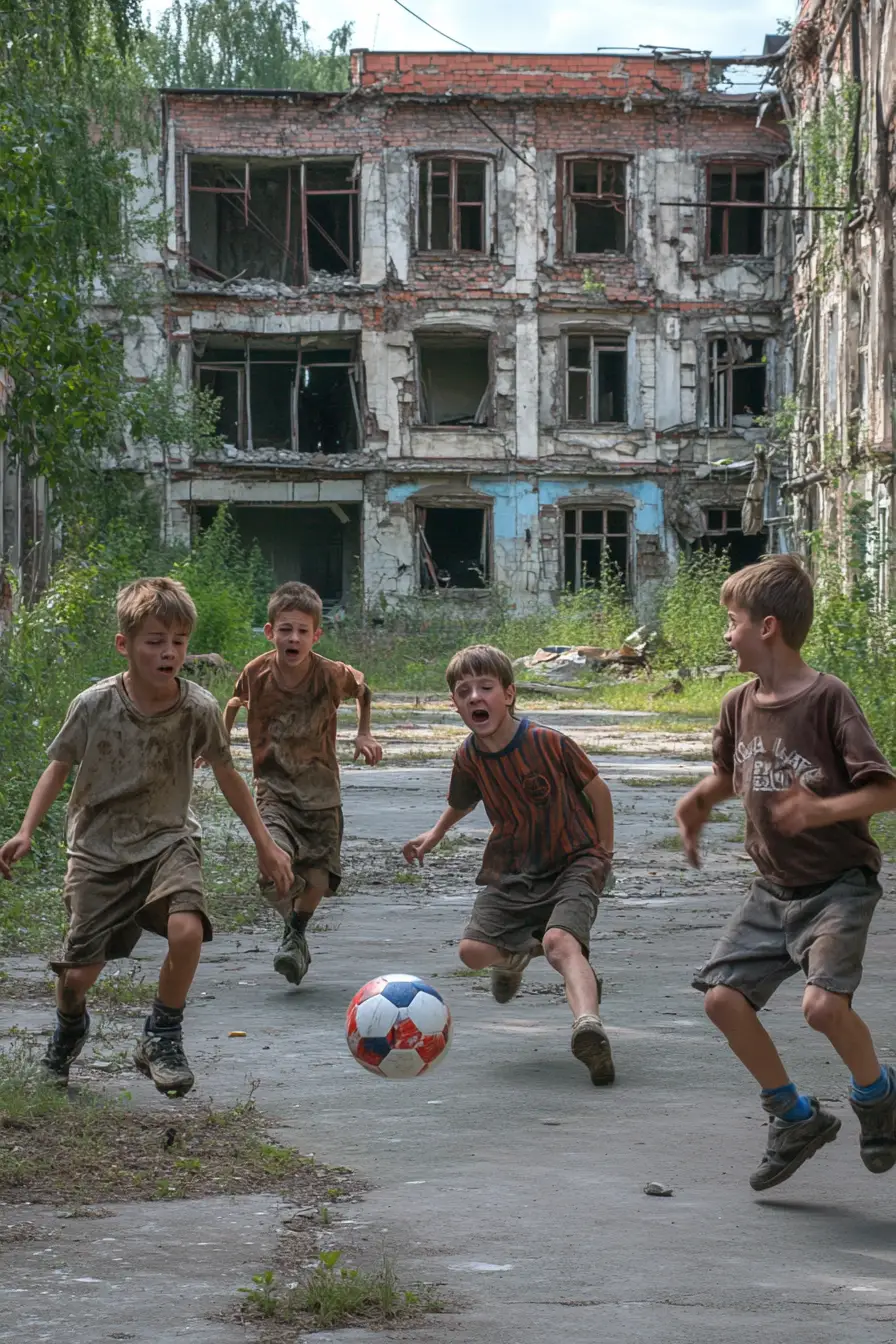 Young boys playing soccer in a ruined city schoolyard
