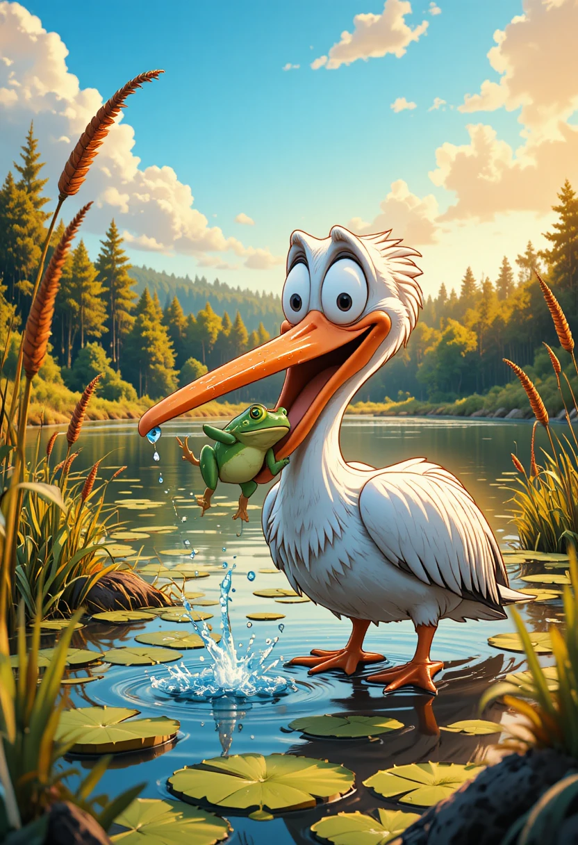 Cartoon bird and frog struggling in a sunny wetland
