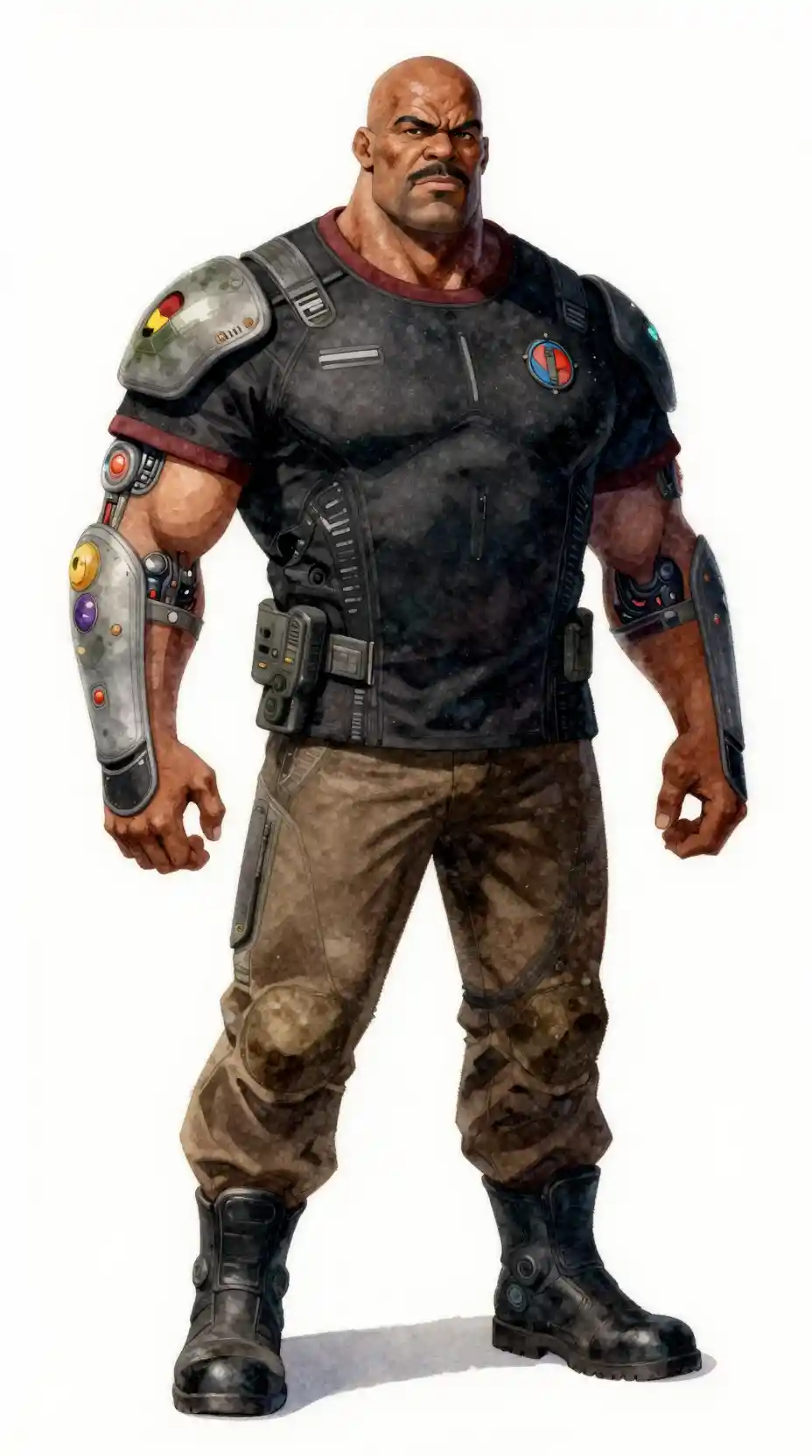 Stoic starship security chief with alien cybernetics