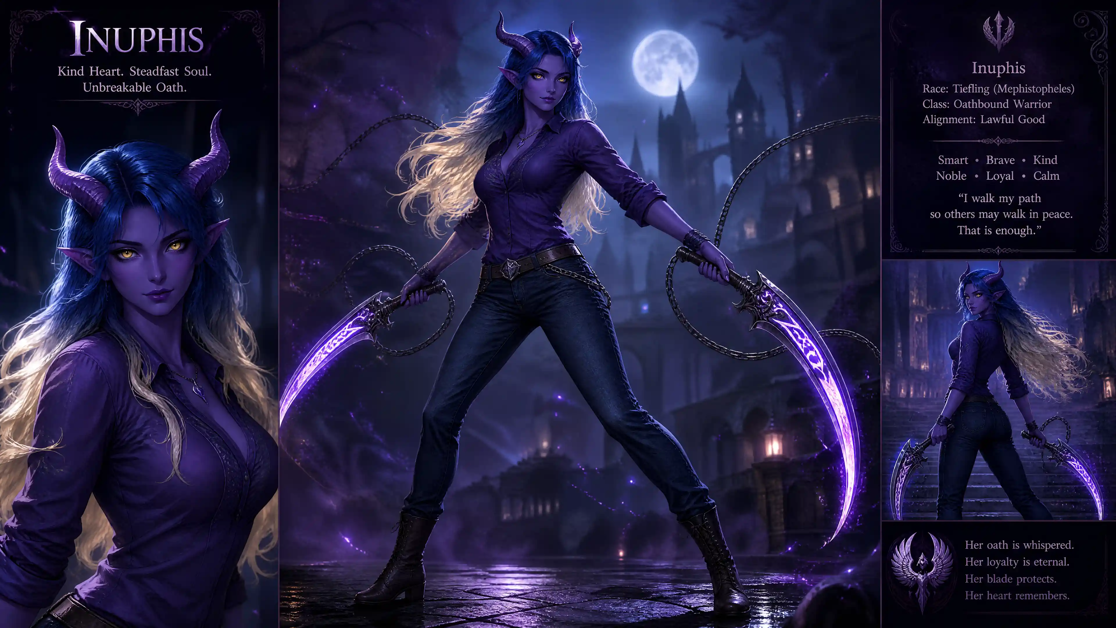 Purple tiefling woman with chained hand scythes in casual clothes