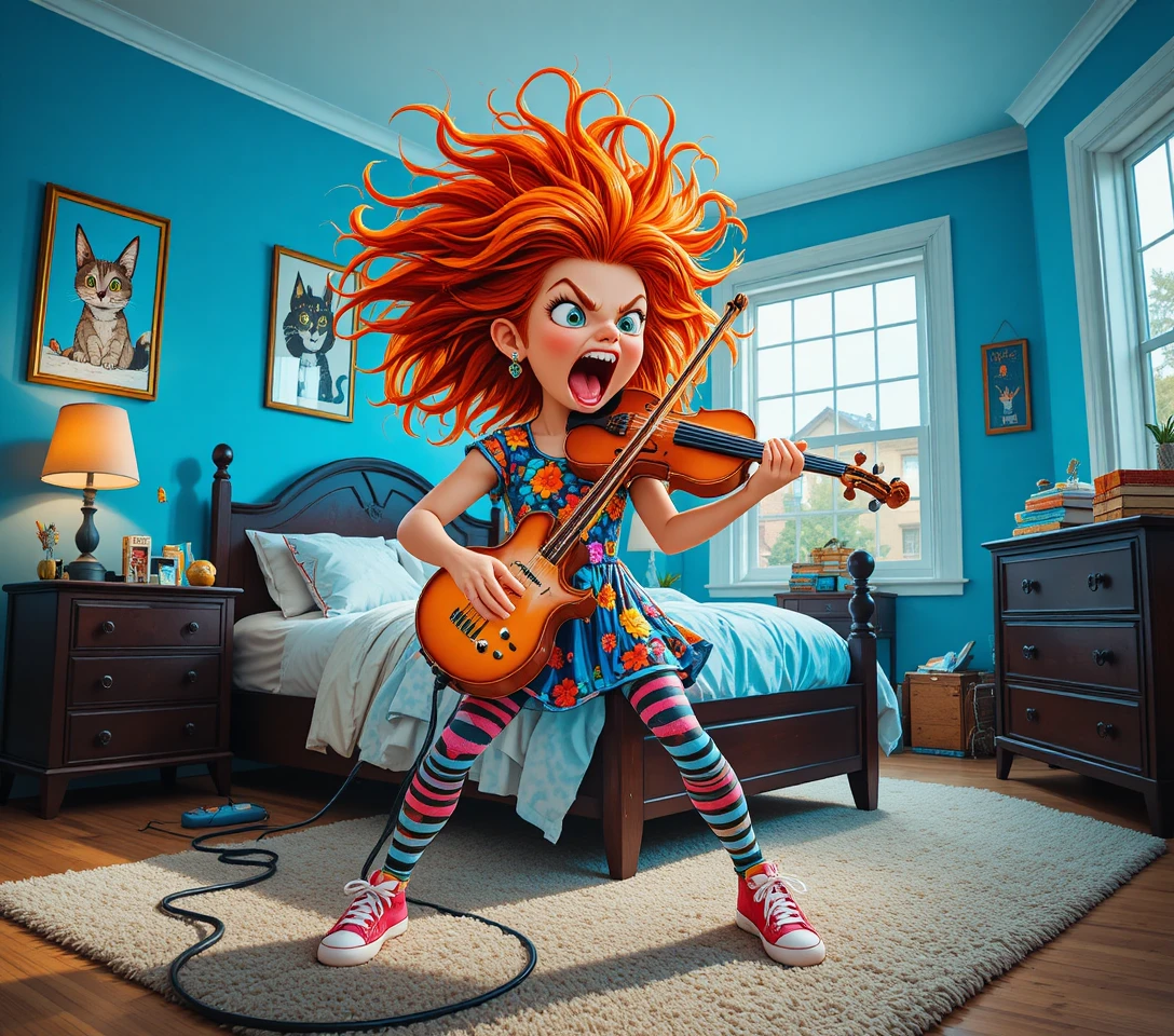Red haired girl rocking an electric violin in bedroom