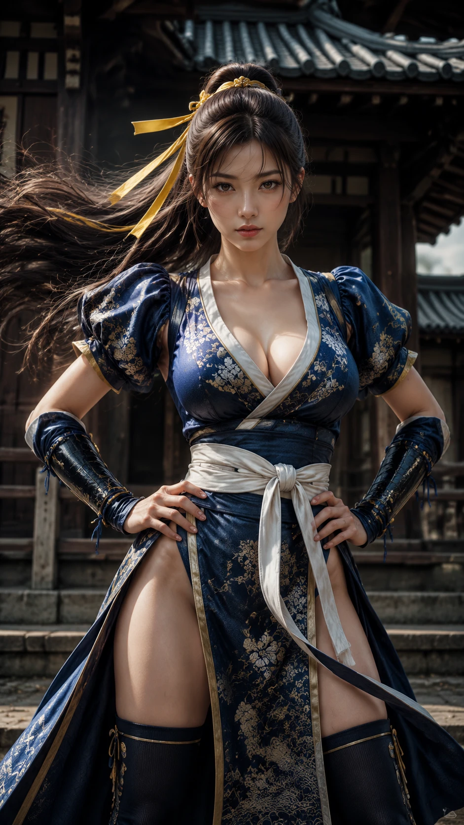 Japanese warrior woman in ornate blue kimono armor