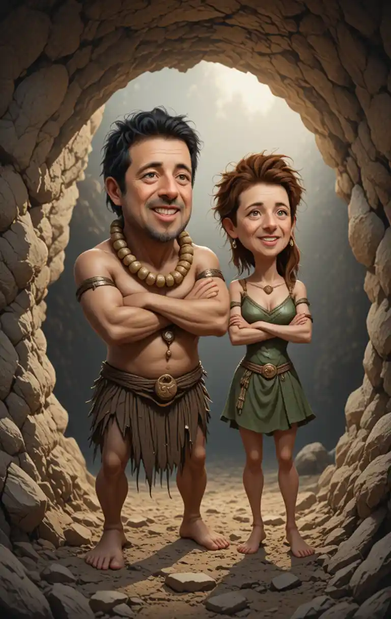 Playful cave couple posing at rocky grotto entrance